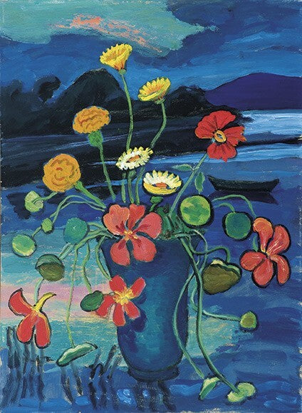 Gabriele Münter: Blumenstillleben vor Landschaft, um 1945
